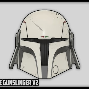 May include: Illustration of a white and gray helmet with black outlines, featuring a visor and ear pieces. The helmet has a weathered appearance with red and green accents. The text "THE GUNSLINGER V2" is displayed at the bottom.