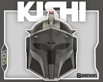 May include: A sticker featuring a stylized illustration of a Mandalorian helmet. The helmet is primarily gray with silver accents and sharp, angular details. The word "KISHI" is displayed in large white letters above the helmet.