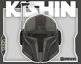 May include: A dark gray helmet with a T-shaped visor, a vertical red stripe on the forehead, and a side-mounted antenna. The word KISHIN is printed in large white letters above the helmet, with a small Instagram handle at the bottom right.