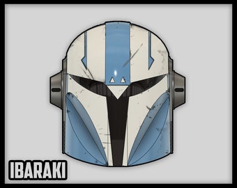 May include: A blue and white helmet with a black visor and a weathered appearance. The helmet has a blue stripe down the center and a black triangle on the front. The text "IBARAKI" is printed below the helmet.