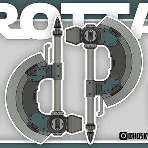 Op de afbeelding: Illustratie van twee gestileerde bijlen met grijze bladen en blauwgroene accenten. De bijlen hebben lange, cilindrische handvatten en staan tegen een blauwgroene achtergrond met het woord "ROTA" in witte blokletters bovenaan.