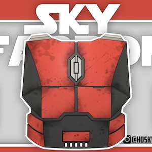 Peut inclure: Illustration stylisée d'une plaque de poitrine rouge et noire avec le texte "SKY FASHION" en blanc. La plaque de poitrine présente un design géométrique avec un panneau central et une série de petites lumières en bas.