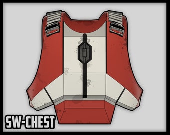 May include: A red and white chest piece with a black zipper and a black rectangular panel in the center. The chest piece has a worn and distressed look, with visible dirt and grime. The text "SW-CHEST" is printed in black at the bottom of the image.