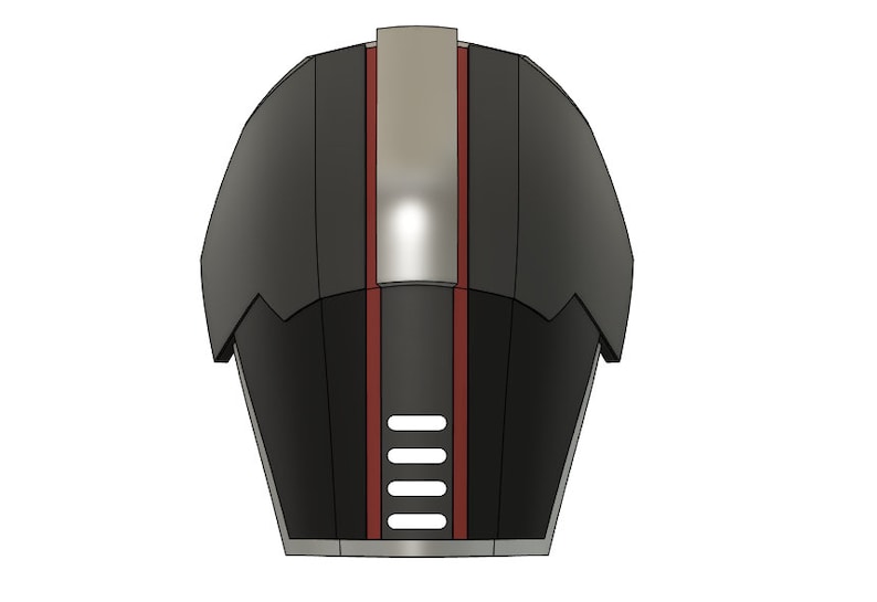以下が含まれることがあります： 中央に銀と赤のストライプが入った黒いヘルメット。ヘルメットの前方には長方形の通気口がいくつかある。