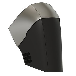 May include: A black and silver 3D printed helmet with a visor and a series of vents on the side.