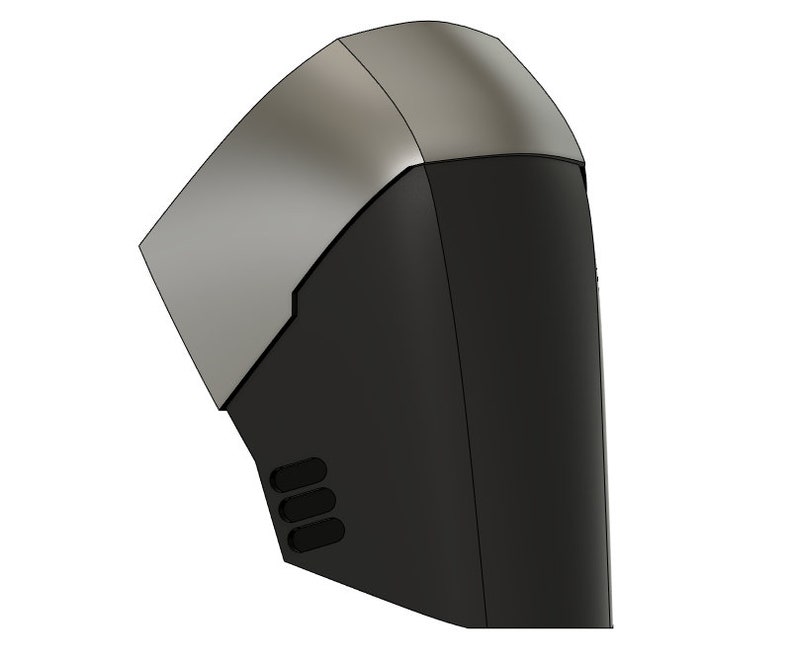 May include: A black and silver 3D printed helmet with a visor and a series of vents on the side.