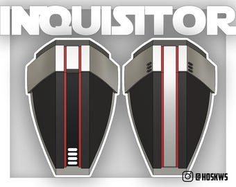 May include: A pair of black and gray stickers with red and white stripes. The stickers are shaped like a spaceship and have the word "INQUISITOR" printed on them.