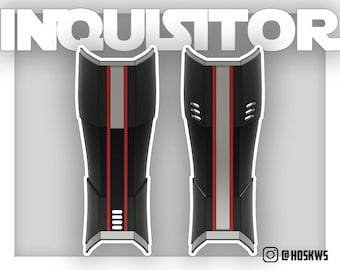 May include: A pair of black shin guards with red and silver accents. The shin guards have a textured surface and a series of small holes on the sides. The word "INQUISITOR" is written in white letters at the top of the image.