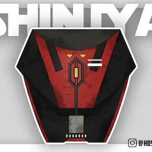 May include: A red and black robot with a yellow light and the text "SHINYA" above it.