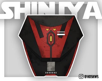May include: A red and black robot with a yellow light and the text "SHINYA" above it.