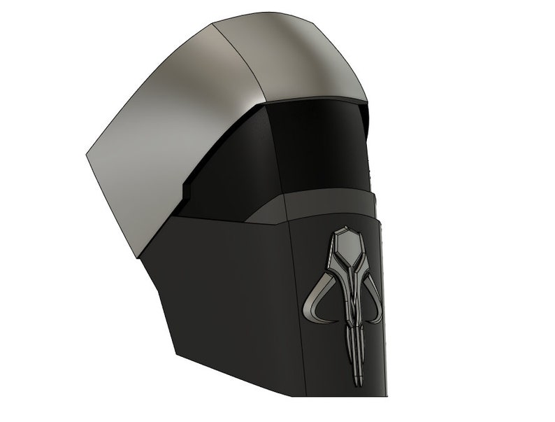 May include: A 3D printed helmet with a silver top and a black lower section. The lower section features a silver Mandalorian symbol.