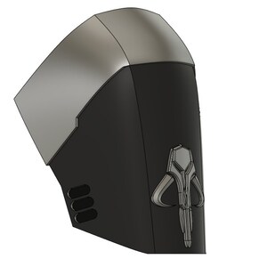 May include: A 3D printed model of a Mandalorian helmet, featuring a silver top and black base with a silver Mandalorian symbol.