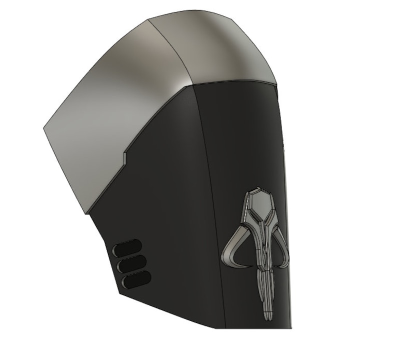 May include: A 3D printed model of a Mandalorian helmet, featuring a silver top and black base with a silver Mandalorian symbol.