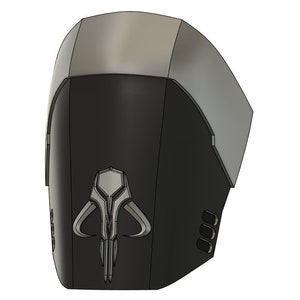 May include: A black and silver 3D printed Mandalorian helmet with a raised, detailed symbol of the Mandalorian clan on the front.