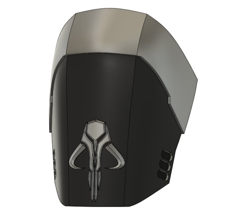 May include: A black and silver 3D printed Mandalorian helmet with a raised, detailed symbol of the Mandalorian clan on the front.