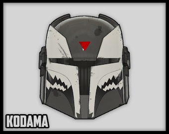 May include: A black and white helmet with a red triangle on the front. The helmet has a jagged, toothy design on the lower part. The word "KODAMA" is written below the helmet.