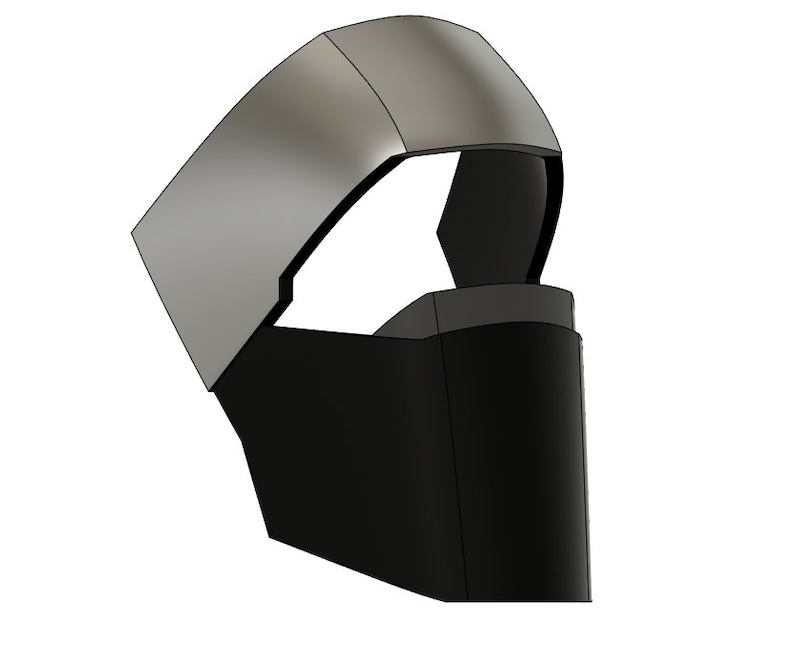May include: A black and silver face mask with a curved, helmet-like top. The mask has a large opening for the eyes and nose.
