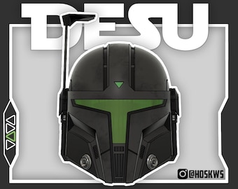 May include: A black helmet with a green T-shaped visor and a rangefinder antenna on the right side. The helmet features a small green triangle on the forehead and two circular vents at the base. The text DESU is displayed above the helmet.