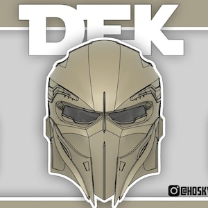 Puede incluir: Ilustración digital de un diseño de casco futurista en tonos beige y gris. El casco presenta un diseño angular detallado con elementos de visera y placa frontal. Las letras "DEK" están en la parte superior. El identificador de Instagram del artista es visible.