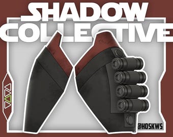 May include: A pair of black and dark red forearm guards featuring a four-cylinder attachment on the right piece. The text SHADOW COLLECTIVE is displayed at the top, with a small geometric icon on the left and the text HOSKWS at the bottom right.