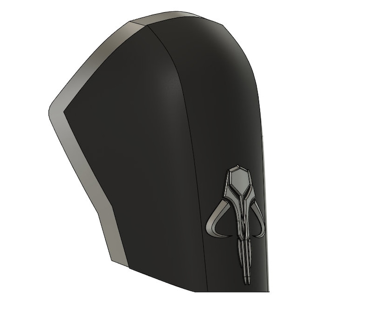 May include: Black and gray 3D printed Mandalorian symbol, a stylized helmet with horns and a vertical line, on a black background.
