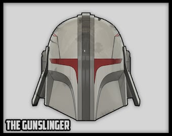 May include: A white and gray helmet with a red visor and black accents. The helmet has a weathered look and the text "THE GUNSLINGER" is printed below it.