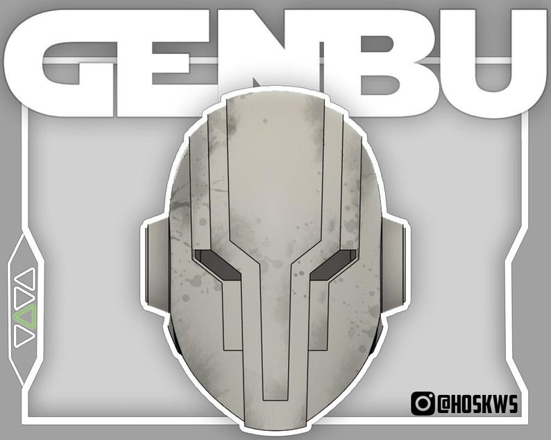 Op de afbeelding: Een illustratie van een witte helm met zwarte details en het woord "GENBU" in witte letters. De helm heeft een futuristisch ontwerp met symmetrische kenmerken. De achtergrond is lichtgrijs. De afbeelding bevat een social media gebruikersnaam.