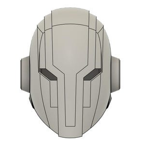 Op de afbeelding: Een lichtgrijze, futuristisch ogende helm met een symmetrisch ontwerp. De helm heeft hoekige lijnen en vormen, met donkergrijze oogopeningen en zijdelingse uitsteeksels. De algehele esthetiek suggereert een sciencefiction- of cosplay-thema.