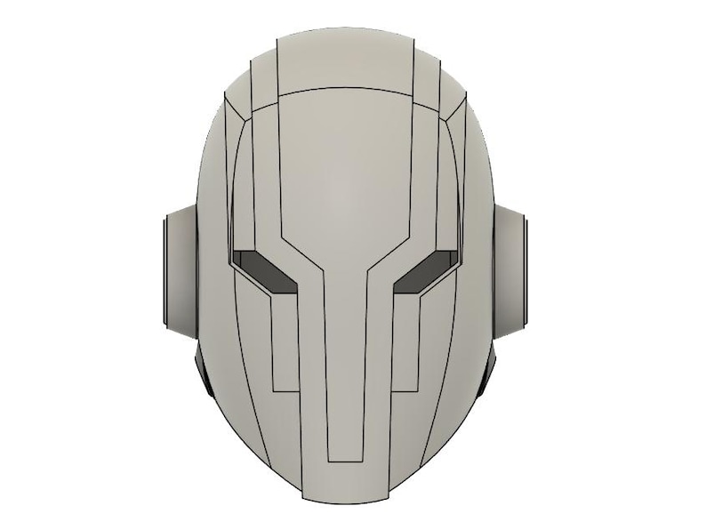 Op de afbeelding: Een lichtgrijze, futuristisch ogende helm met een symmetrisch ontwerp. De helm heeft hoekige lijnen en vormen, met donkergrijze oogopeningen en zijdelingse uitsteeksels. De algehele esthetiek suggereert een sciencefiction- of cosplay-thema.