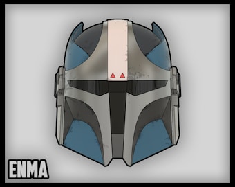 May include: A blue and gray helmet with a white stripe down the center and red triangles on the top. The helmet has a weathered look with visible scratches and dirt.