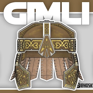 May include: An illustration of a fantasy helmet in brown and gold tones. The helmet is adorned with detailed geometric patterns and rivets. The image includes the white letters "GMLI" at the top. The background is brown with a white border.