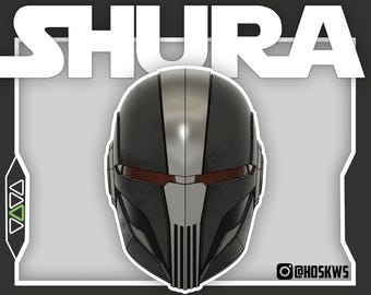 May include: A black and silver helmet with a central vertical silver stripe and a horizontal red visor. The word SHURA is printed in large white letters at the top, and the text @HOSKWS is visible in the bottom right corner of the graphic design.