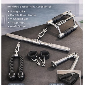 May include: A set of Tonal-compatible workout accessories, including a straight bar, double row handle, V-shaped bar, tricep rope, and ankle straps. The image also shows an ab crunch harness. Text on the image reads: "TONAL COMPATIBLE WORKOUT ACCESSORIES SET."