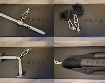 Tonal Compatible Accessories: Straight Bar, V-Shaped Bar, Ankle Straps & Ab Crunch Harness