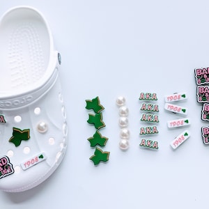 Shoe charm. Pink and green sorority. Shoe charms. Pink and green apparel. Ivy leaf. Pearls. 1908. Pink and green accessories. Pink charms
