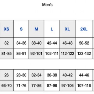 May include: Size chart for chest and waist measurements in inches and centimeters. Sizes range from XS to 3XL.