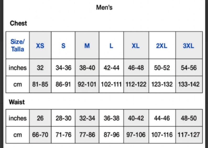 May include: Size chart for chest and waist measurements in inches and centimeters. Sizes range from XS to 3XL.
