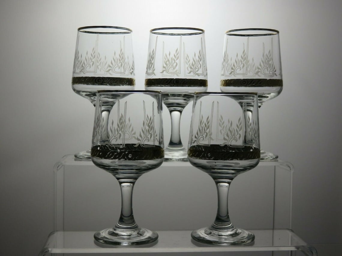 Vintage Etched Crystal Sherry Glasses Set of 5 With Silver Rim Etsy UK