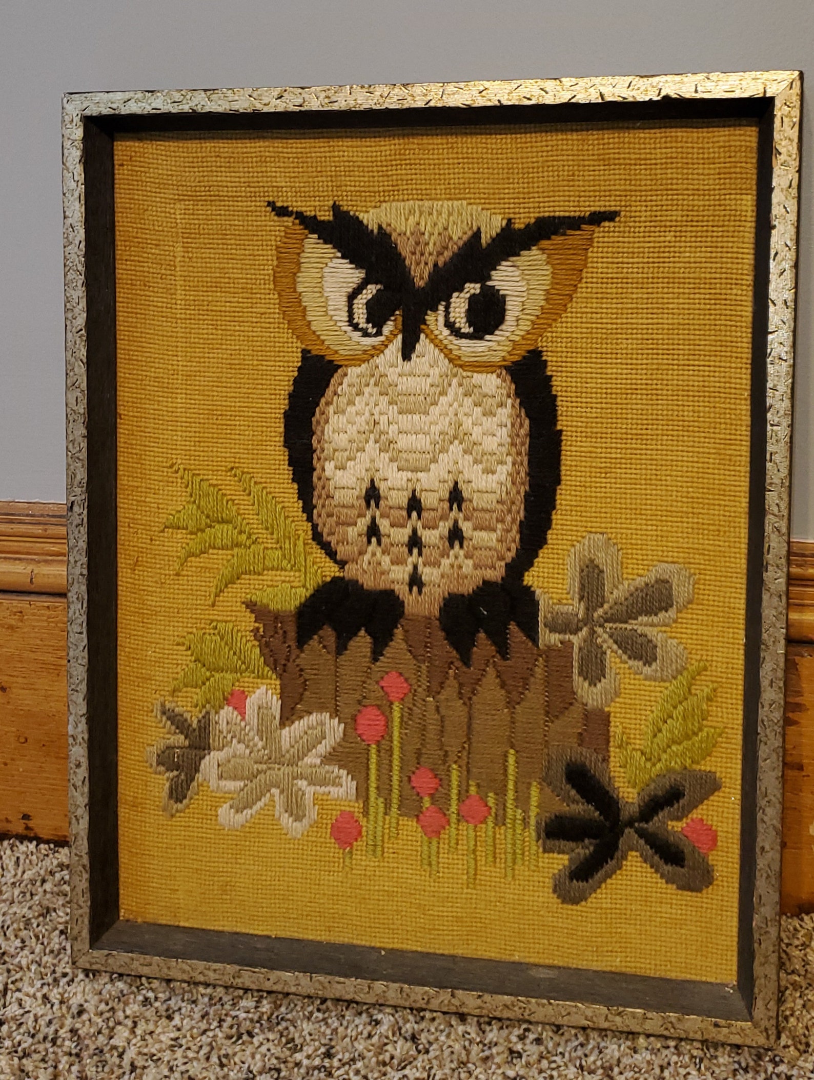 70's vintage needlepoint framed owl canvas Etsy