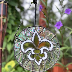 Fleur de Lis, Stained Glass, New Orleans, Louisiana football sun catcher with chain shepherds Hook optional Saints fan housewarming gift