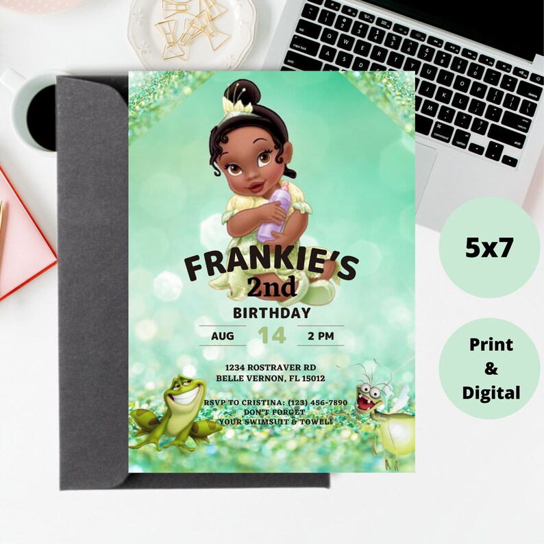 Princess Tiana Invitation girl birthday invite green princess and the frog invitation personalized baby tiana invite