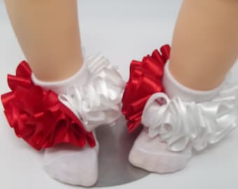 Girls red and white ruffle tutu socks/infant ruffle socks. Toddler tutu socks anklets