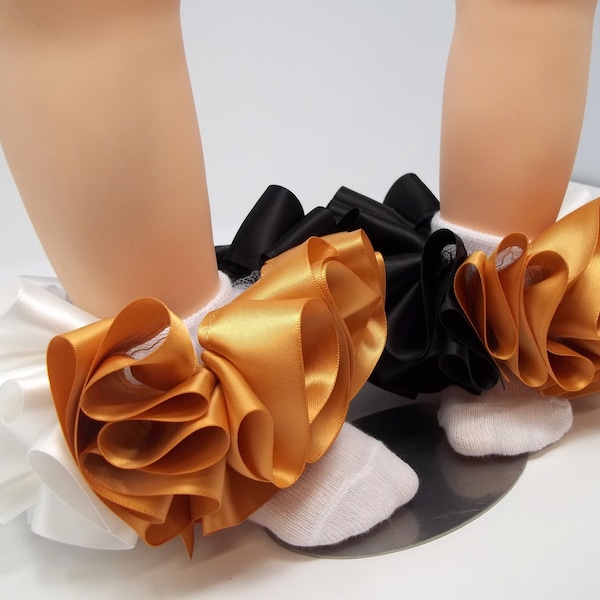 Girls Black White and Gold ruffle tutu socks/infant ruffle socks. Tutu socks Black White and Gold satin anklets