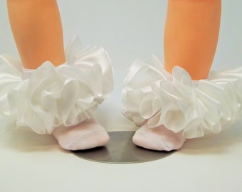 Girls White ruffle tutu socks/infant ruffle socks. White, girls anklets  satin ruffle socks. White toddler tutu socks. Kids White anklets.