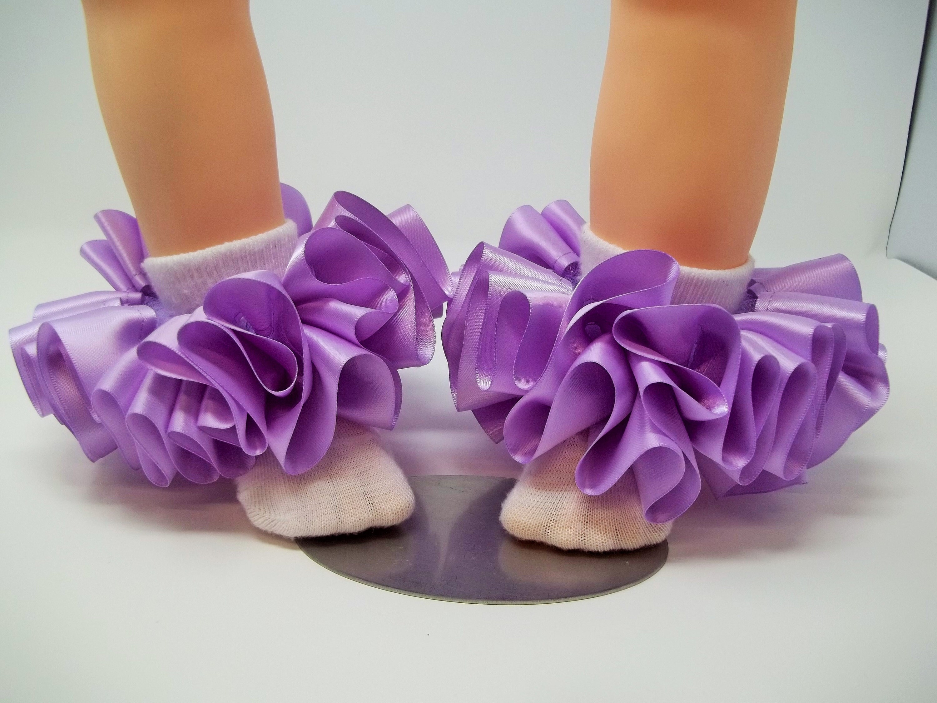 Girls Ruffle Socks Girls Double Ruffle Socks - Organza Pageant Ankle Socks With Trim (Size 3-4, White & Lilac) Girls Socks