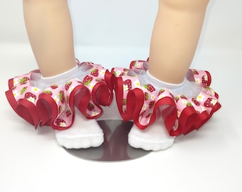 Girls strawberry Pink and Red ruffle tutu socks/Toddler ruffle socks. Tutu socks Pink anklets. Toddlers sockless strawberry ruffle socks