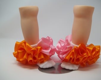 Girls Ruffle Tutu Socks: Orange and Pink Anklets