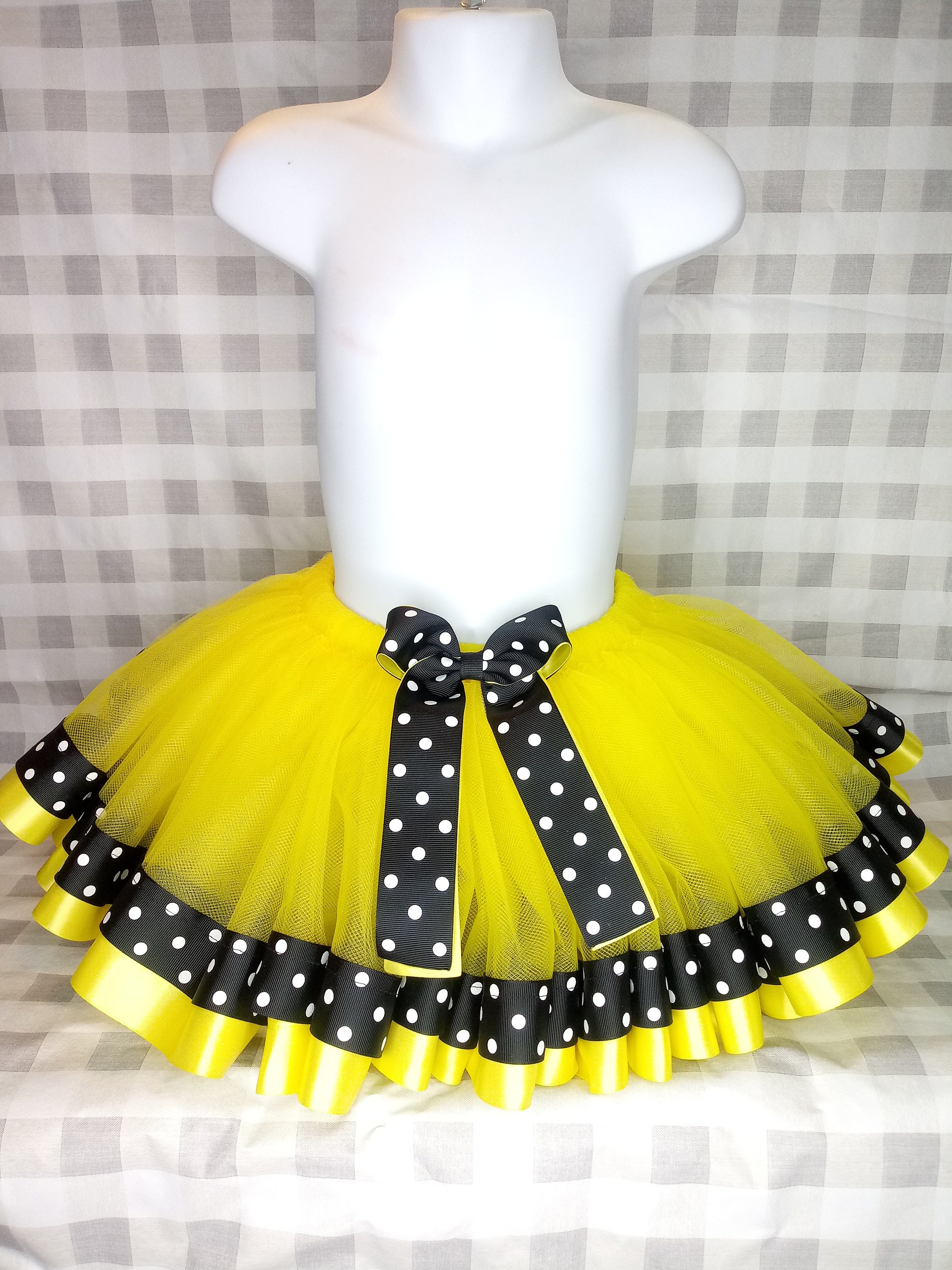 Girls yellow and black polkadot tutu. Girls tutu ribbon trim tutus.Yellow tutu