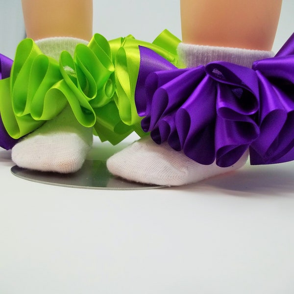 Girls Purple and Green  sockless ruffle socks. Purple and Green tutu anklets/ little girls  tutu socks. Infant tutu sockless socks
