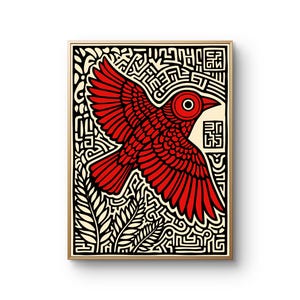 May include: Framed art print featuring a stylized red bird in flight. The bird is set against a cream-colored background with black geometric patterns and foliage. The artwork has a bold, graphic style.
